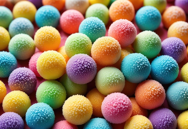 una pasticceria deliziosa adornata con uno sfondo di dolci palle di zucchero