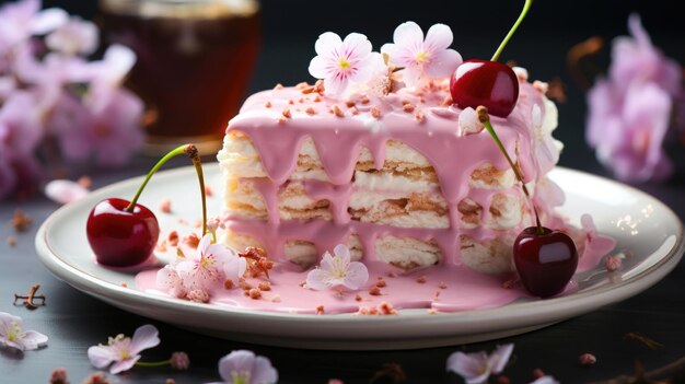 Una pasticceria vivace ed elegante con fiori di ciliegio e ciliegie su un piatto bianco