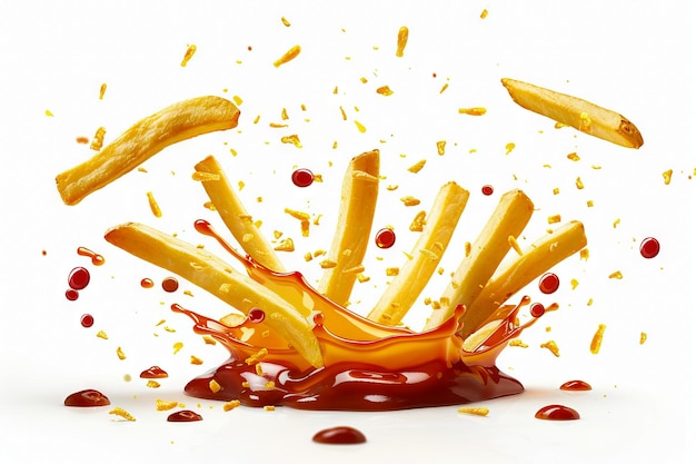 Una patatina fritta viene spruzzata di ketchup.