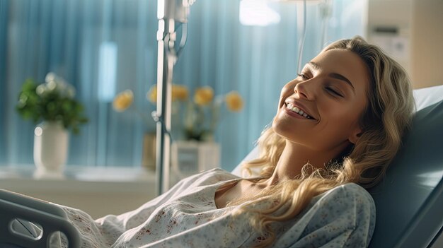 Una paziente donna sdraiata soddisfatta sorridendo al letto di un paziente ospedaliero moderno