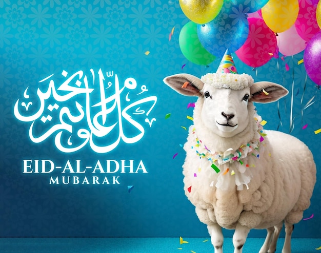 Una pecora con palloncini e una pecora con sopra il nome arabo - al - adha mubarak.