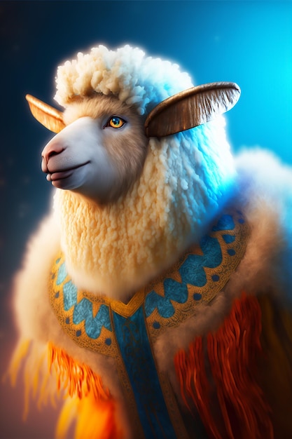 Una pecora in costume con uno sfondo blu