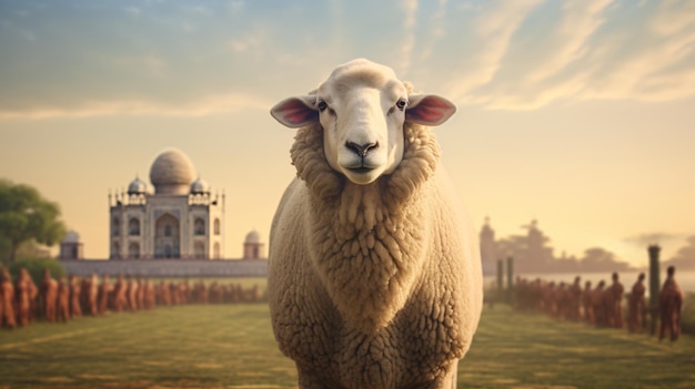 Una pecora in piedi davanti a un Taj Mahal