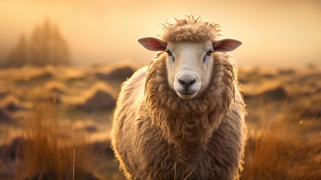 Una pecora in piedi in un campo di erba