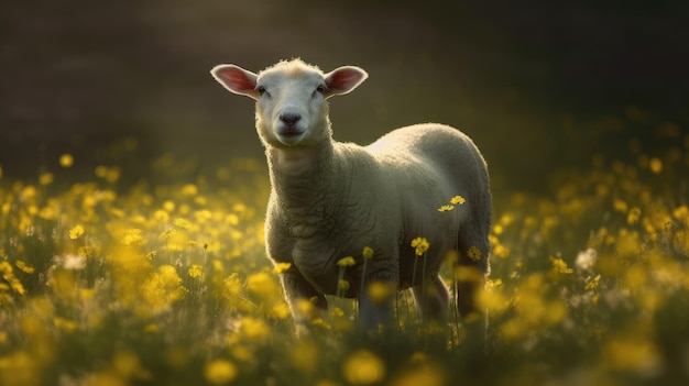 Una pecora in un campo di fiori gialli