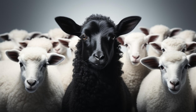 Una pecora nera in piedi lontano da un gruppo di pecore bianche