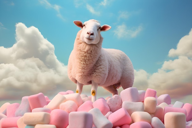 Una pecora si trova su un mucchio di marshmallow