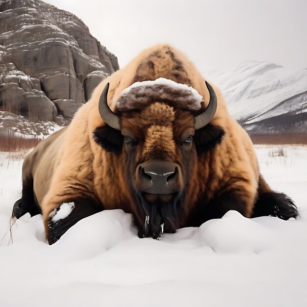 Una pelle di bufalo che giace nella neve generata dall'AI