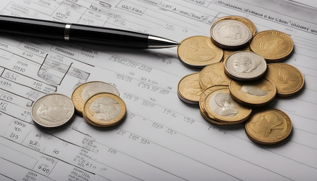 una penna e alcune monete sono su un tavolo con una penne e alcune altre monete