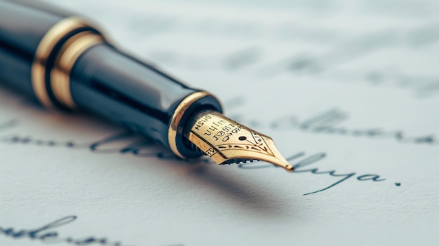 una penna è scritta in oro su un pezzo di carta