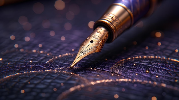 Una penna fontana sta scrivendo su un pezzo di tessuto con un disegno su di esso e un cappuccio placcato d'oro