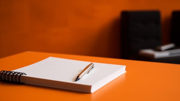 Una penna si trova su un libro su un tavolo arancione.