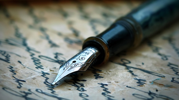 Una penna stilografica con punta d'argento poggia su una superficie bianca sbiadita con testo manoscritto blu sbiadito sullo sfondo