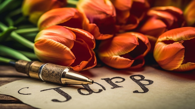 una penna su un pezzo di carta con la parola tulipani su di esso