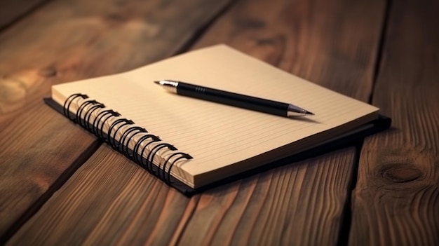 Una penna su un quaderno su un tavolo di legno