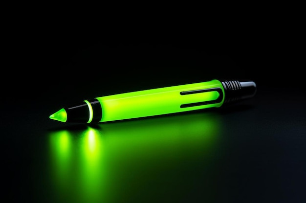 una penna verde con un bagliore verde sul tavolo.