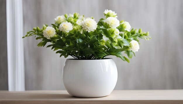 una pentola bianca con fiori bianchi e foglie verdi su un tavolo