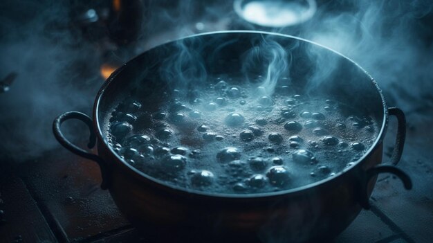 Una pentola di acqua bollente da cui esce del fumo.