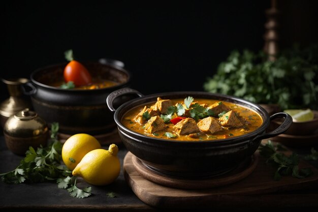 Una pentola di curry di pollo con uno sfondo nero