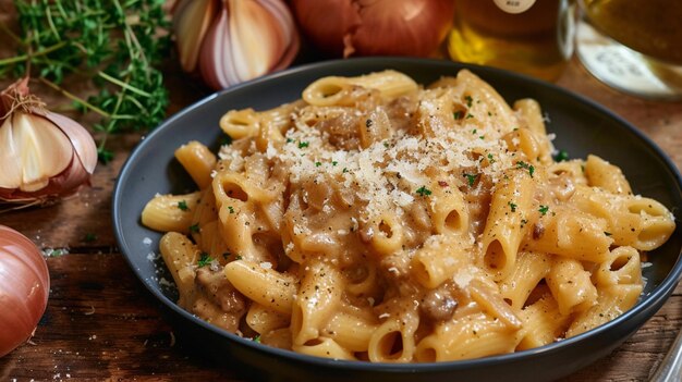 Una pentola di pasta di cipolla francese pasta dorata intrecciata con cipolle caramellate che emettono un ricco aroma