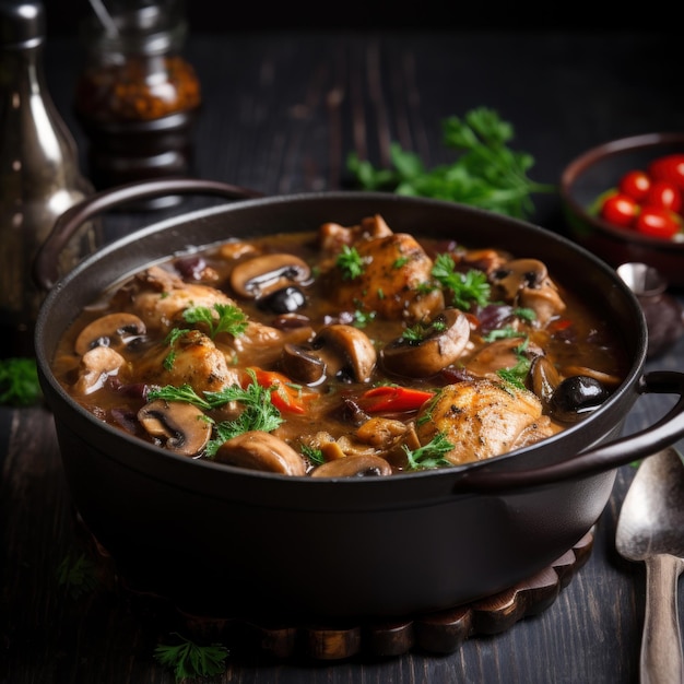 una pentola di zuppa con funghi e verdure