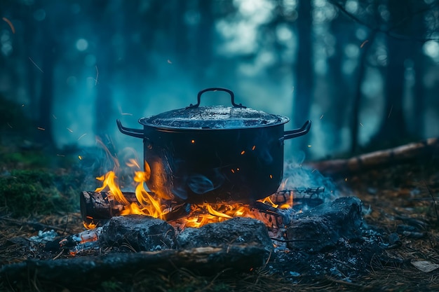 Una pentola in fiamme nel bosco