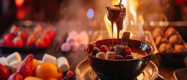 Una pentola piena di fondue al cioccolato fuso si trova al centro di un tavolo intorno alla pentola ci sono spiedini con fragole marshmallows e fette di banane per immergere