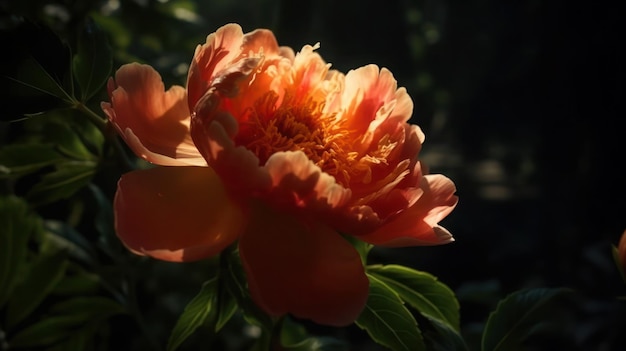 Una peonia con un fiore rosa e arancione sullo sfondo.