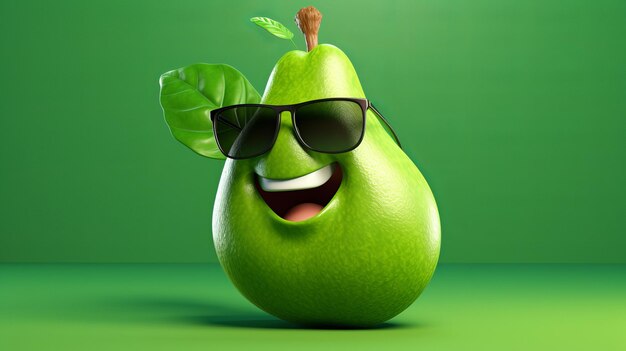 Una pera allegra e felice con gli occhiali sorridente frutta antropomorfa in occhiali da sole