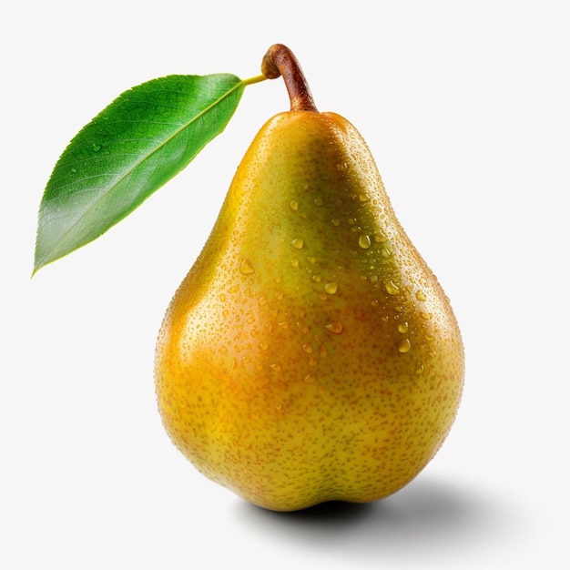 Una pera con una foglia su cui è scritta la parola pera