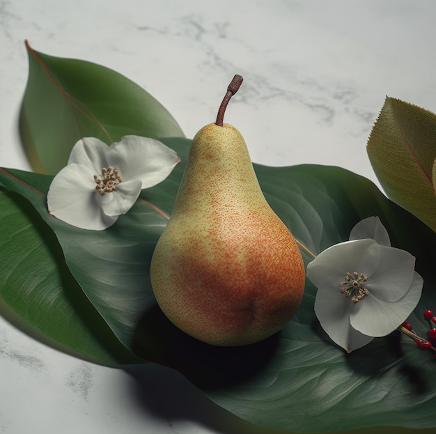 Una pera e fiori sono su una foglia con sopra una pera.