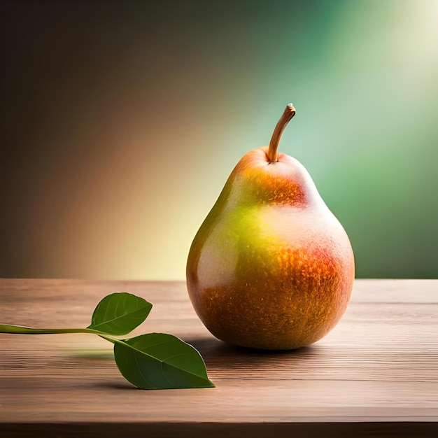 Una pera su un tavolo con uno sfondo verde