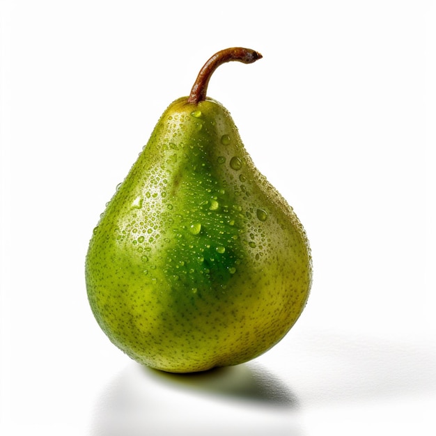 Una pera verde con gocce d'acqua sopra