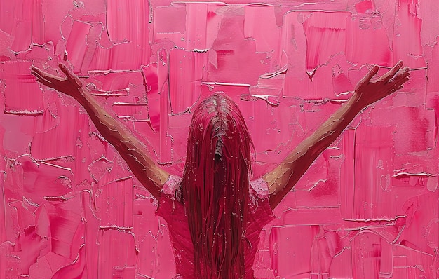 una persona alza le braccia su uno sfondo rosa nello stile della pittura digitale AI generativa