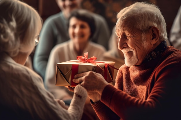 Una persona anziana sorridente riceve un regalo di compleanno generativo ai