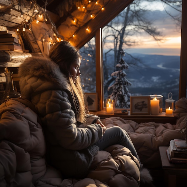 Una persona avvolta in una coperta che legge un libro una finestra che rivela il paesaggio innevato fuori