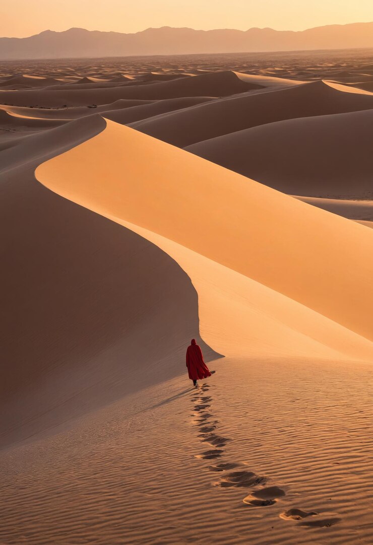 Una persona cammina giù per una duna di sabbia del deserto verso l'orizzonte