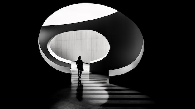 una persona cammina lungo un corridoio con un grande cerchio al centro.