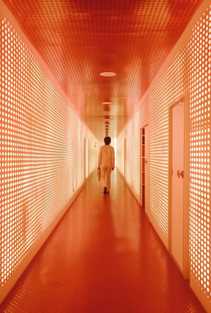 Una persona cammina lungo un corridoio con una fila di luci sul muro.