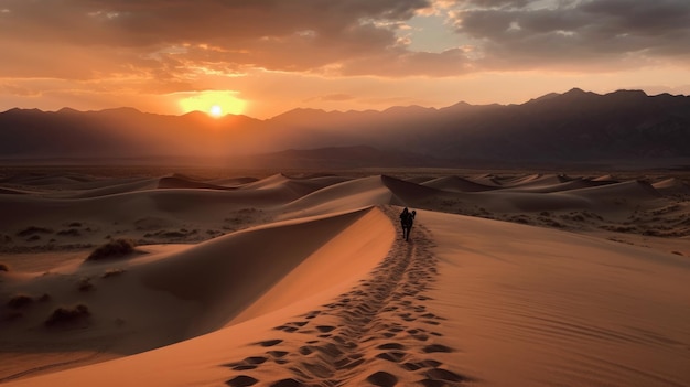 Una persona cammina nel deserto con il tramonto sullo sfondo.