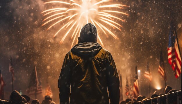 Una persona che accende la folla di fuochi d'artificio che celebra la notte generata dall'intelligenza artificiale