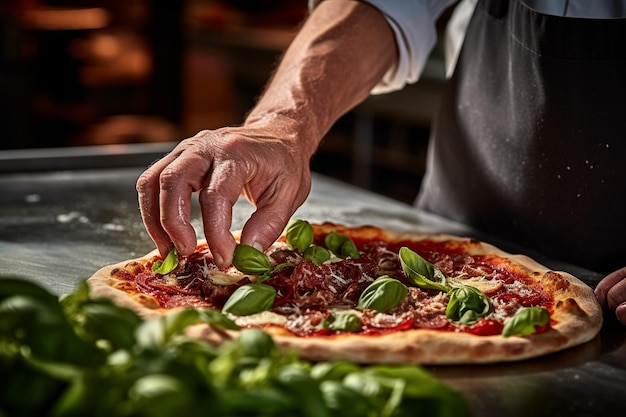 Una persona che aggiunge una spruzzatura di oregano a una pizza di carne