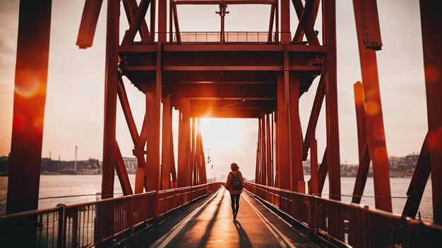 una persona che attraversa un ponte al tramonto una luce rossa cinematografica e drammatica