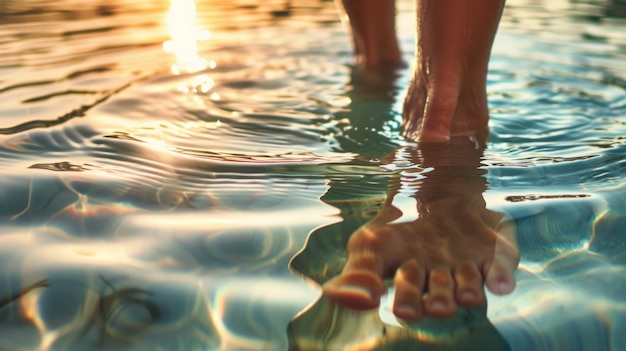 Una persona che bagna tranquillamente nel lago con le gambe immerse nell'acqua