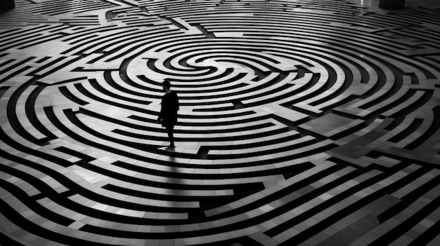 Una persona che cammina attraverso un labirinto in un edificio generativa ai immagine