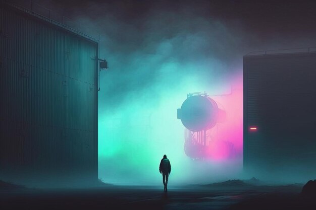 Una persona che cammina in una città buia con un'insegna al neon che dice "il futuro"