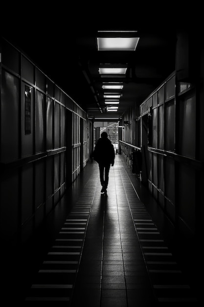 Una persona che cammina lungo un corridoio buio con un cartello che dice "la parola" sopra "