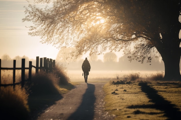 Una persona che cammina lungo un sentiero al mattino