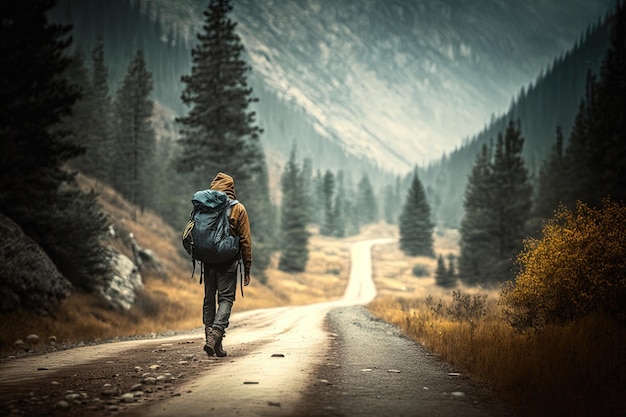 Una persona che cammina lungo una strada di montagna circondata da viste panoramiche crea un design avventuroso ed esplorativo che evoca i temi della natura e dell'IA all'aperto