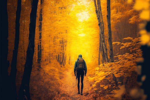 Una persona che cammina nei boschi della foresta di fogliame autunnale nel parco cittadino con lo zaino
